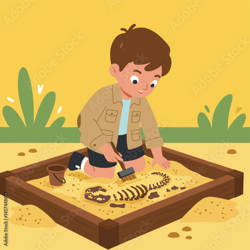Young explorer unearthing a prehistoric discovery: An enthusiastic child meticulously brushing away the sand to reveal a dinosaur skeleton, highlighting the thrill of exploration and discovery.