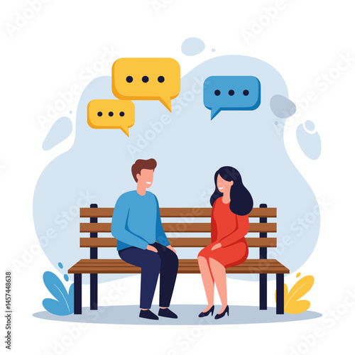 Dialogue on the Bench: A man and woman sit together on a wooden bench, engaged in a lively conversation, signified by speech bubbles, amidst a colorful and modern illustrated scene.