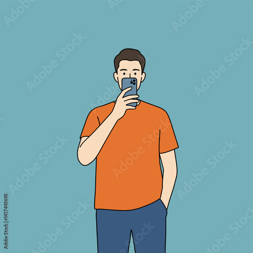 Captivating Selfie Moment: A modern man, captured mid-selfie, holding his phone with focused intent, showcasing contemporary lifestyle and self-expression.