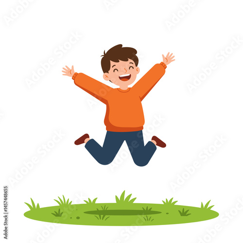 Joyful Leap: A young boy leaps with unbounded joy, his arms outstretched, embodying freedom and happiness in a vibrant, cartoon-style illustration.