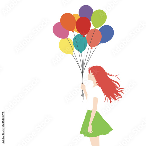 Colorful Balloon Dreams: A vibrant illustration of a young woman with flowing red hair, holding a bunch of multi-colored balloons, capturing a sense of childhood innocence and carefree joy.