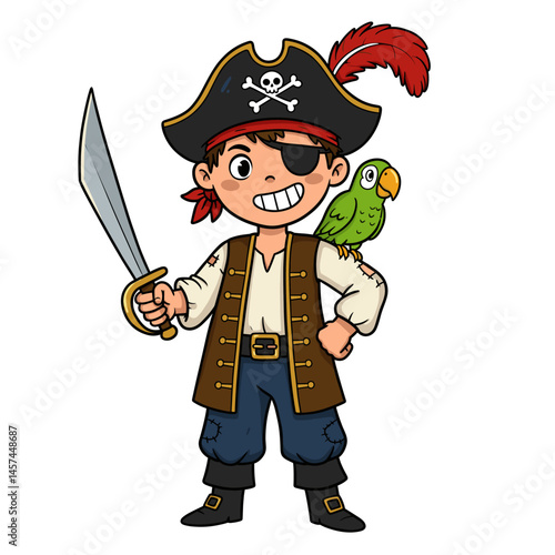 Avast, Adventurer: A jovial pirate, complete with a parrot friend, sword in hand, and an adventurous heart, is ready to set sail on the high seas.
