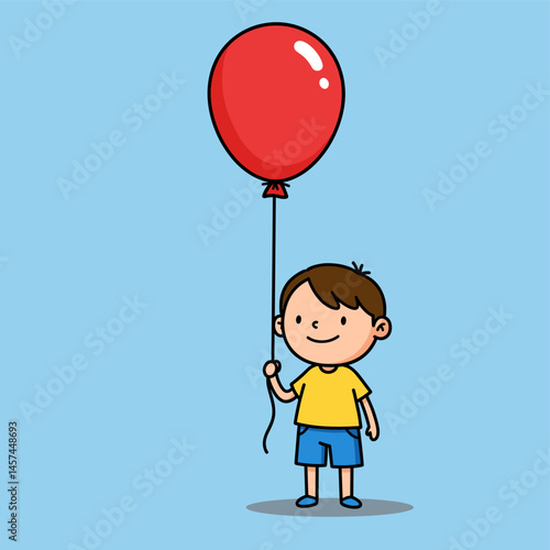 Child with Red Balloon: A cute illustrated child joyfully clutches a vibrant red balloon against a calming, pastel-blue backdrop.