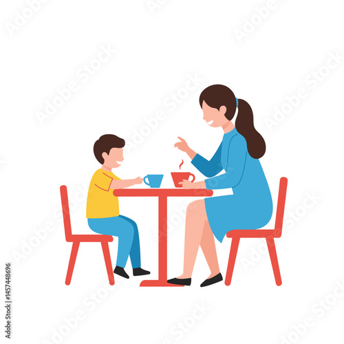 Coffee Moment: A heartwarming illustration depicting a child and parent sharing coffee at a cozy table, symbolizing the simple joys of connection.