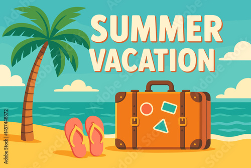Summer Vacation Scene with Suitcase and Flip Flops by the Beach  