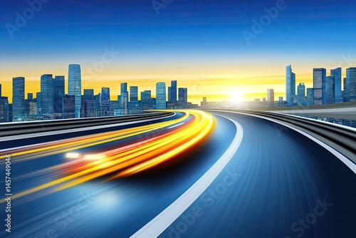 Urban highway at sunrise, showcasing speed and movement.  Cars streaks of light across winding road, leading to city skyline