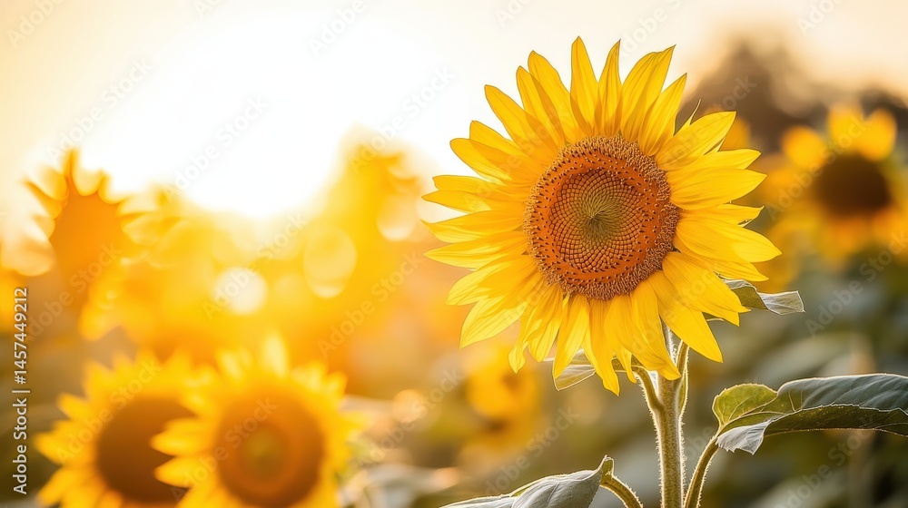 Fototapeta premium Vibrant sunflowers bathed in golden sunlight, a field in the golden hour.