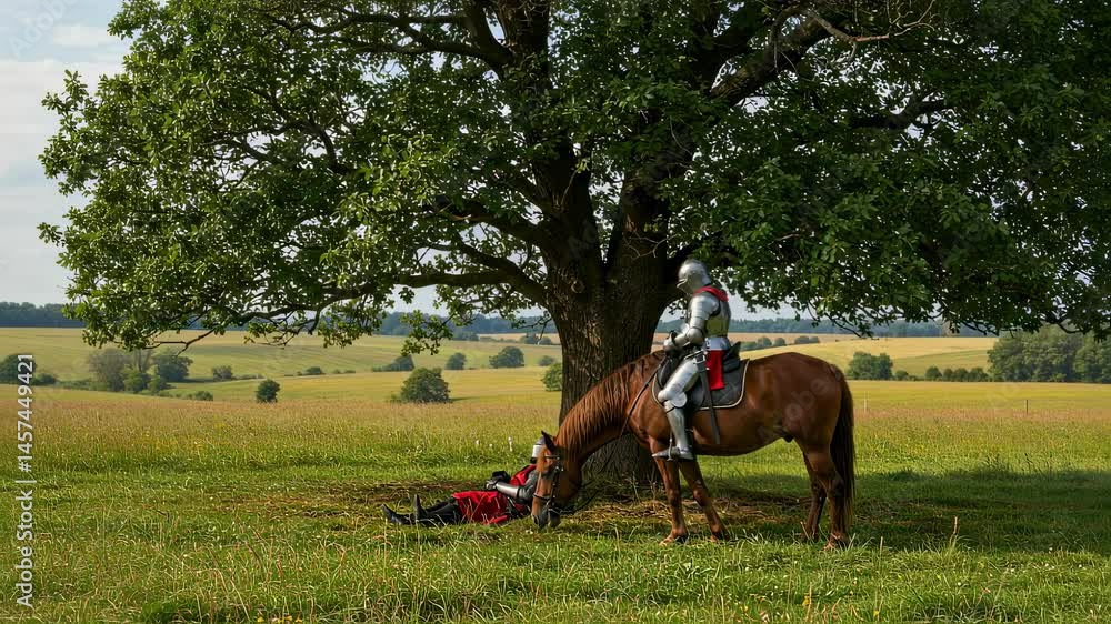 Knight sitting horseback in meadow resting next to tree near sleeping fellow knight. Horse grazing in field. Medieval scene perfect for recreation.