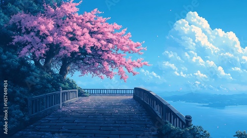 cherry blossom bridge pastel anime dreamy wallpaper