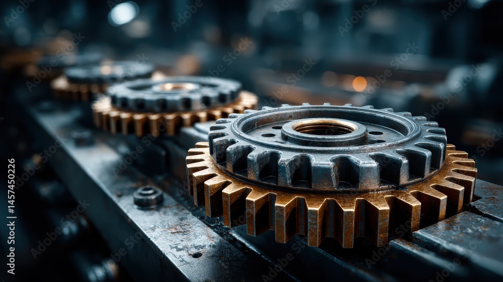Heavy machinery with intricate metal gears, rotating motors, and powerful engines working together to drive industrial production Heavy machinery with intricate metal gears, rotating motors, and powerful engines working together to drive industrial production