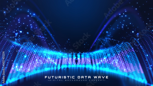 Futuristic technology background with blue dotted glowing elements. Digital network technology and data flow design. Vector illustration.