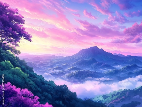 pastel hills under pink sky romantic anime wallpaper