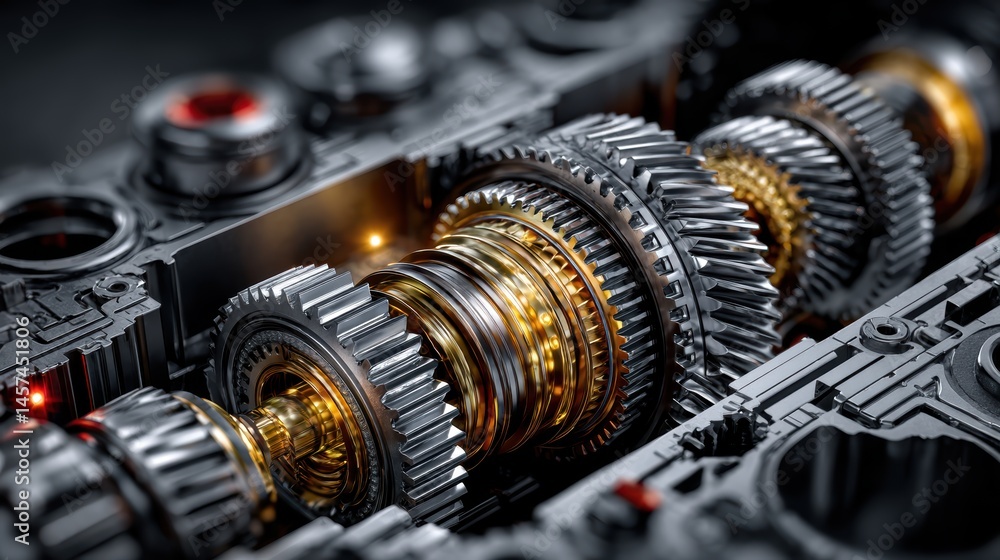 Fototapeta premium Car gearbox system with intricate mechanical components and rotating gears, demonstrating the precision engineering behind the transmission process