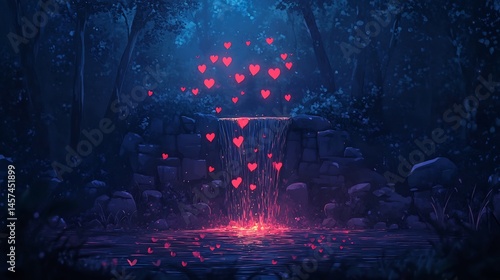 magical fountain with flying hearts anime romantic wallpaper