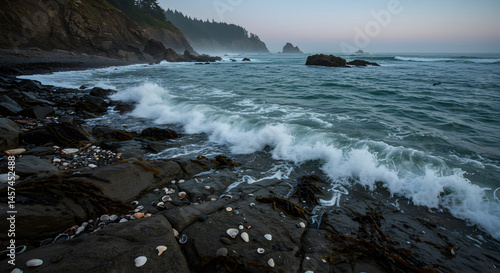 Dramatic Coastline Scene Featuring Crashing Waves and Rocky Shore