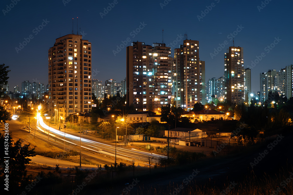 Fototapeta premium Cityscape at night with illuminated buildings and light trails from vehicles on the road below