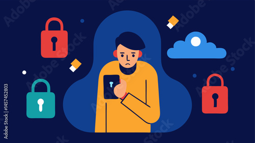 Data Breach Alarm A person looking alarmed as a large ‘Data Breach alert flashes on their phone with digital locks and keys tered around symbolizing vulnerability.