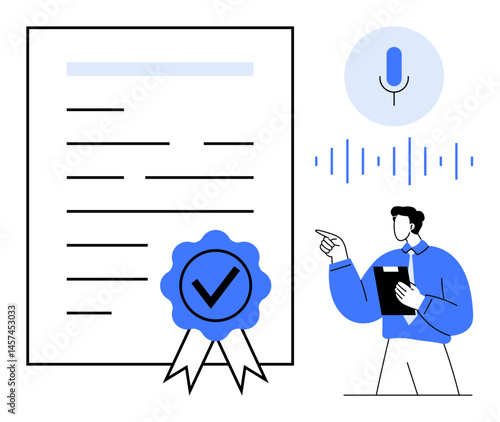 Certified document with a checkmark ribbon, voice recognition icon with soundwaves, and professional presenting person. Ideal for technology, communication, certification, professionalism