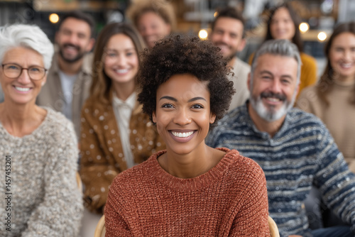 group of diverse donors sitting in chairs, cheerful expressions, modern donation center