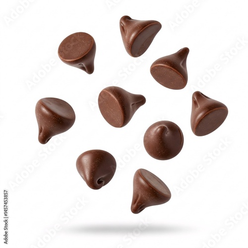 Falling semi-sweet chocolate chips, baking ingredient, confectionery, dessert component, rich cocoa flavor.