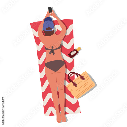 Young woman tourist cartoon character in bikini sunbathing using mobile phone while rest on beach
