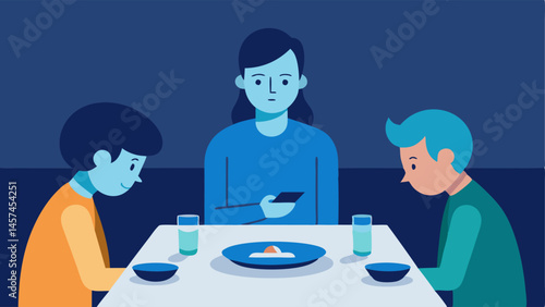 Disconnect from Family A person sitting at the table during dinner staring at their phone with an empty plate in front of them while family members chat animatedly around them