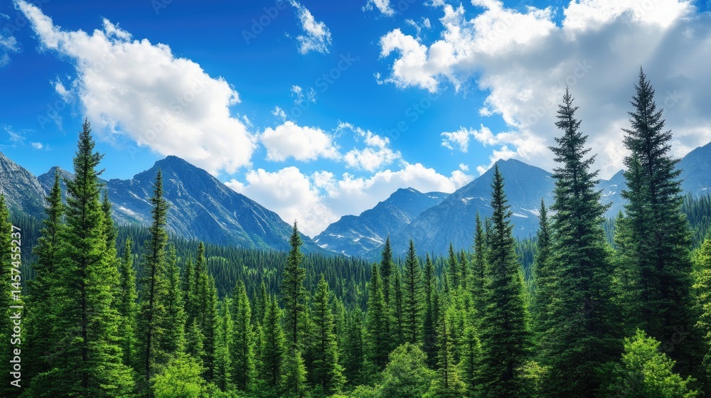 Majestic Mountain Range Backdrop With Lush Green Forest Under Blue Sky And Clouds. A Scenic Vista For Nature Lovers. Majestic Mountain Range Backdrop With Lush Green Forest Under Blue Sky And Clouds. A Scenic Vista For Nature Lovers.