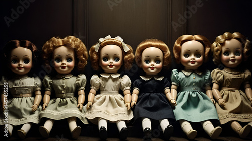 Creepy Dolls: An Illustration of Vintage Dolls with Blank Stares and Unsettling Grins, Set in a Dimly Lit Room