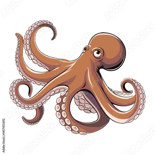 Detailed Octopus Illustration with Curled Tentacles and Big Eyes Underwater Creature Marine Animal Aquatic Life