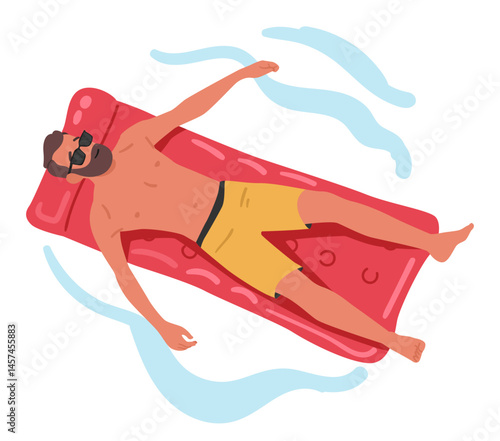 Guy tourist swimming on inflatable mattress enjoying restful time on tropical resort top view