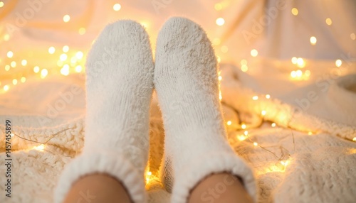 Cozy, fluffy slippers rest on a textured rug, warmly illuminated by twinkling fairy lights, evoking a feeling of comfort and holiday cheer.