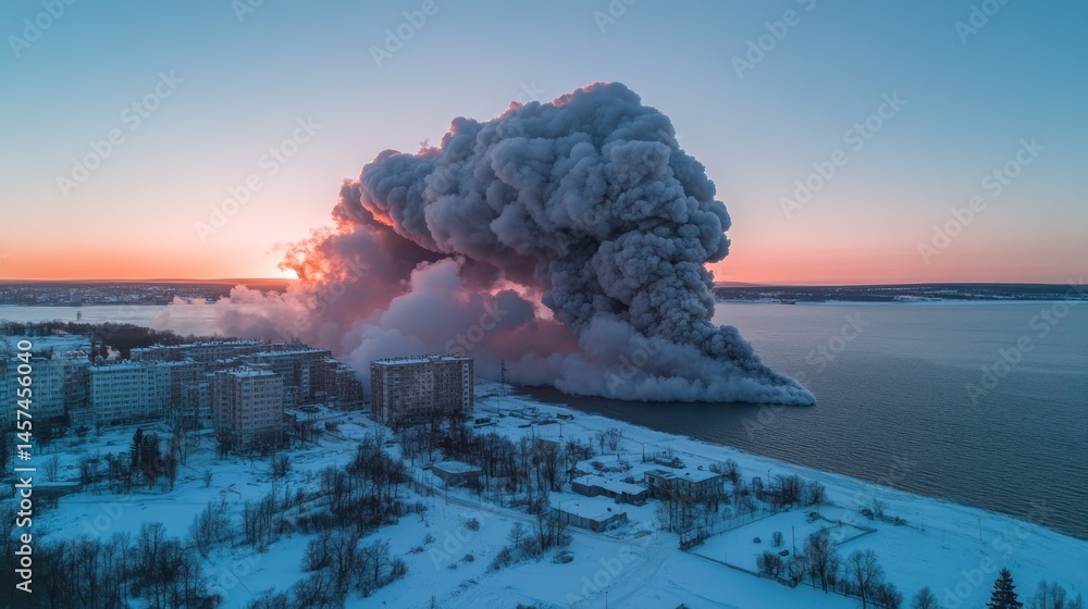 Fototapeta premium Massive smoke plume from coastal industrial fire at sunset