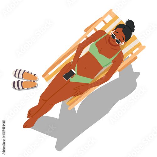 Woman tourist in swimsuit sunbathing while sitting on beach deckchair isolated on white background