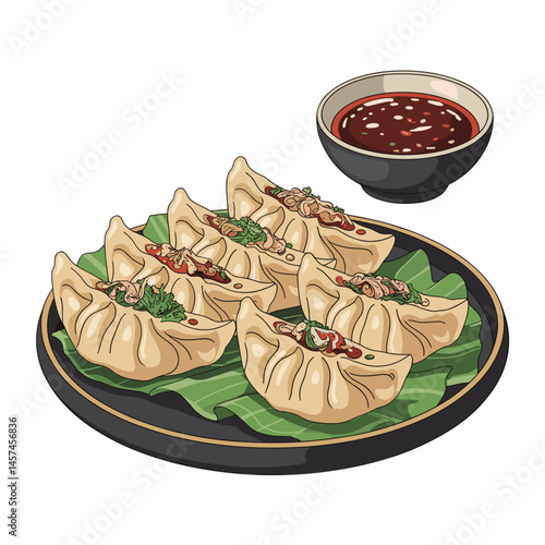 Gyoza Dumplings with Soy Dipping Sauce on Plate