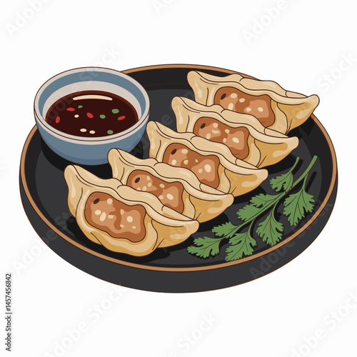 Gyoza Dumplings with Soy Dipping Sauce on Plate