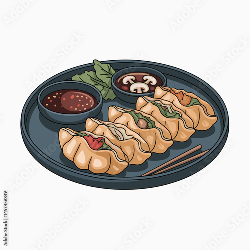 Gyoza Dumplings with Soy Dipping Sauce on Plate