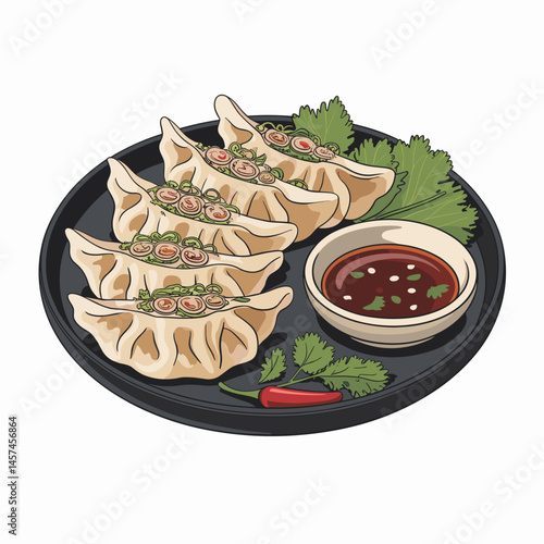 Gyoza Dumplings with Soy Dipping Sauce on Plate