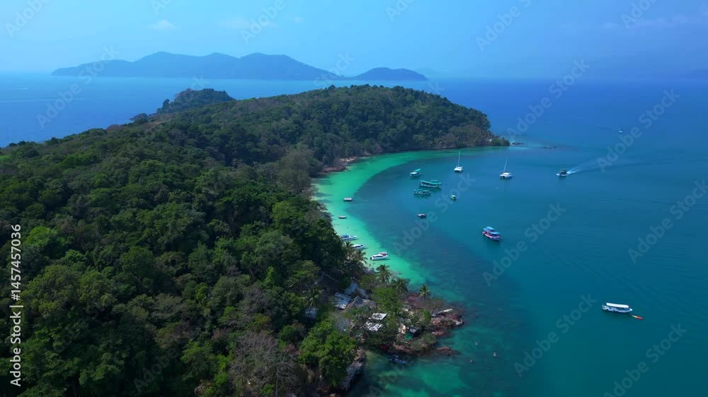 Scenic View of Koh Wai Bay Beach with Boats. Unique aerial view flight drone Scenic View of Koh Wai Bay Beach with Boats. Unique aerial view flight drone