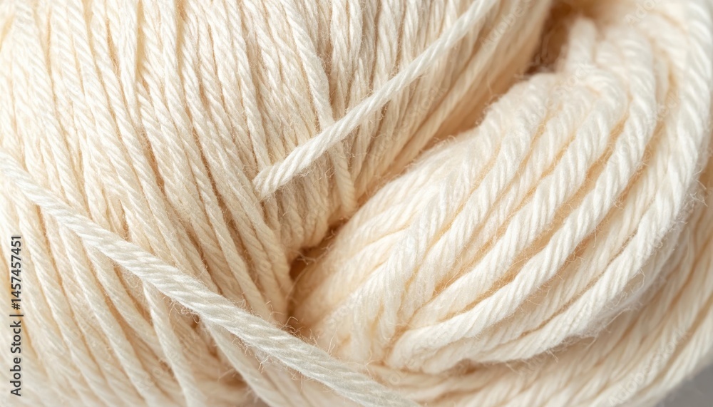 Fototapeta premium Soft, creamy wool yarn coils into a textured ball, evoking warmth and cozy handmade creations for winter crafting.