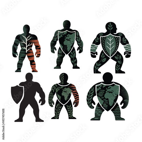 Diverse Collection of Abstract Guardian Figures with Earth and Foliage Motifs on a Clean White Background
