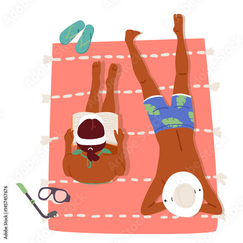 Relaxed couple tourists cartoon characters sunbathing on beach during summer vacation time