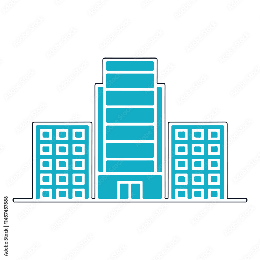 Fototapeta premium Vibrant Cityscape Illustration with Turquoise Buildings and Clean Lines on a White Background for Modern Designs