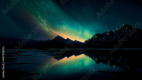 Magical aurora borealis displayed over mirrored lot heyday