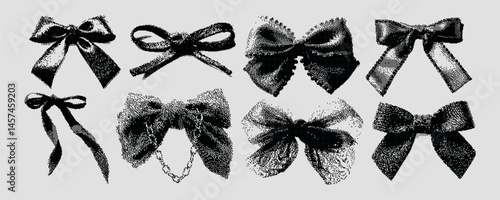 Grunge Pixel Art Bow Illustrations. Retro Halftone Style