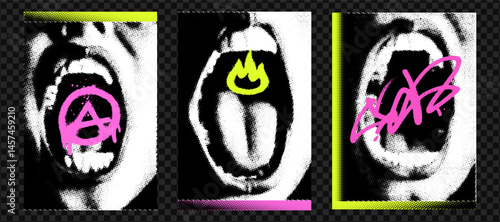 Set of edgy posters featuring open mouths in halftone style with bold graffiti symbols in neon pink and yellow.