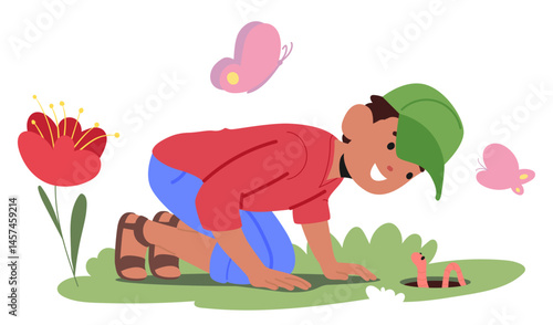 Curious boy child cartoon character exploring nature diversity during summer vacation time scene