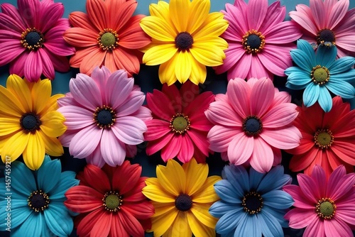 Boldly colored blossoms arranged in a square tessellation , spring, summer