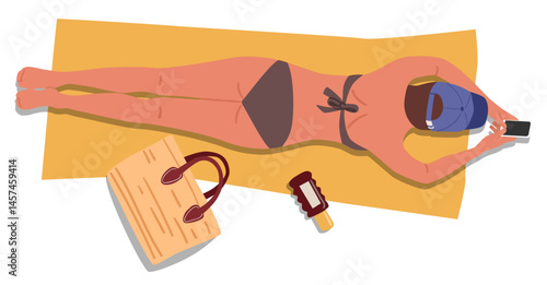Woman tourist using smartphone while sunbathing on beach during summer resort vacation time