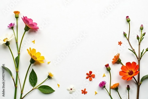Delicate, scattered wildflowers on white background, elegant, retro