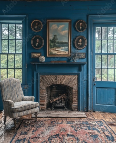 Blue room fireplace antique chair coastal landscape